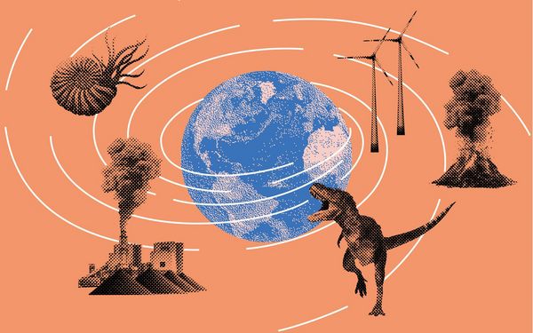 Flyer der Ausstellung: Erde im Mittelpunkt und Dinosaurier, Windräder, Vulkan, Meeresfossil und Industrie rundherum